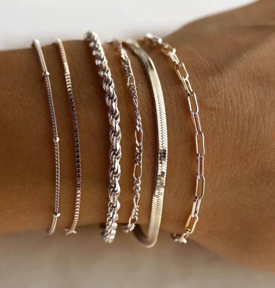 Silver Chain Bracelet Set (6 pieces)