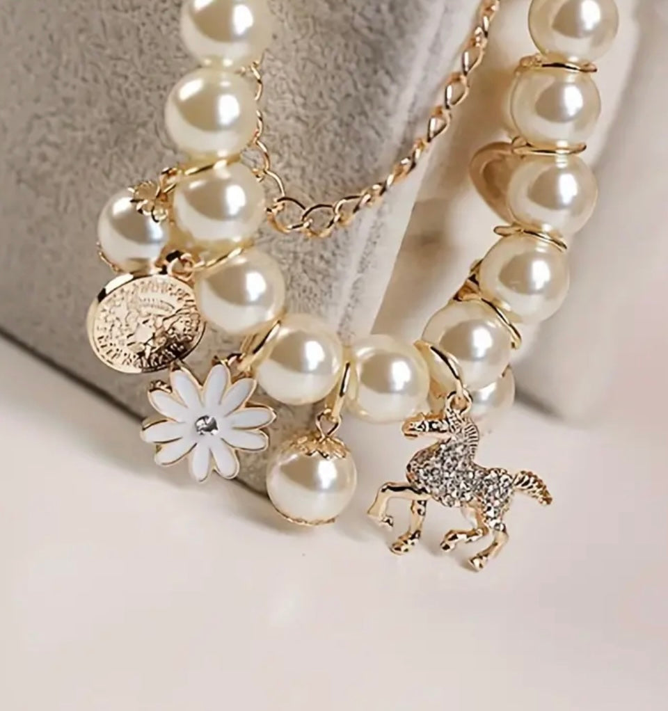 Rhinestone Horse Charm & Pearl Bracelet